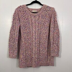 Lands End Canvas Womens M Multi Color Pastel Cable Knit Cotton Sweater Pullover